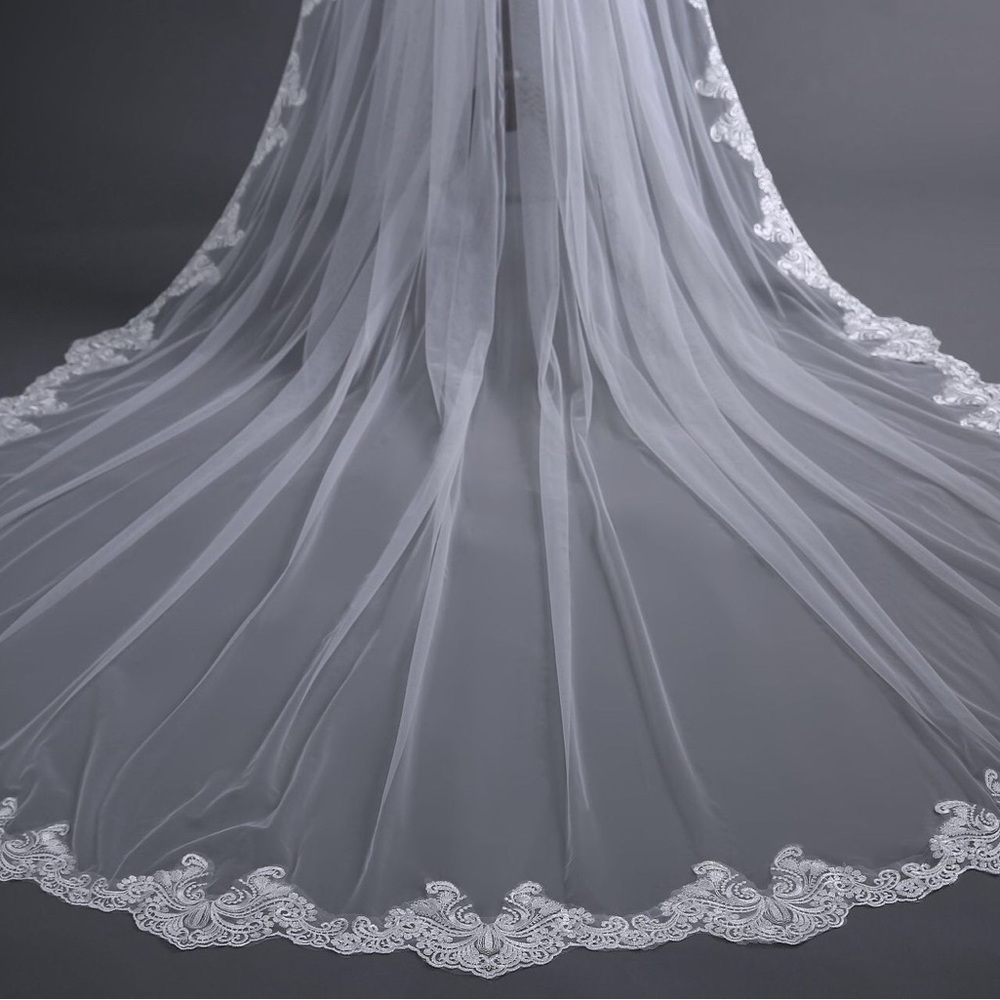 Elegant Long Lace-Edged Wedding Veil in White - Picture 4 of 5